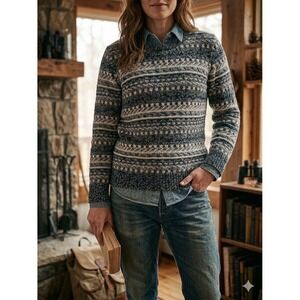 L.L. Bean 100% Cotton Fair Isle Sweater M Vtg Nordic Dark Academia Grandpacore
